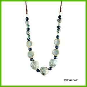 Adjustable Ceramic Bead Strand Necklace, Bohemian Jewelry, Zinc Material